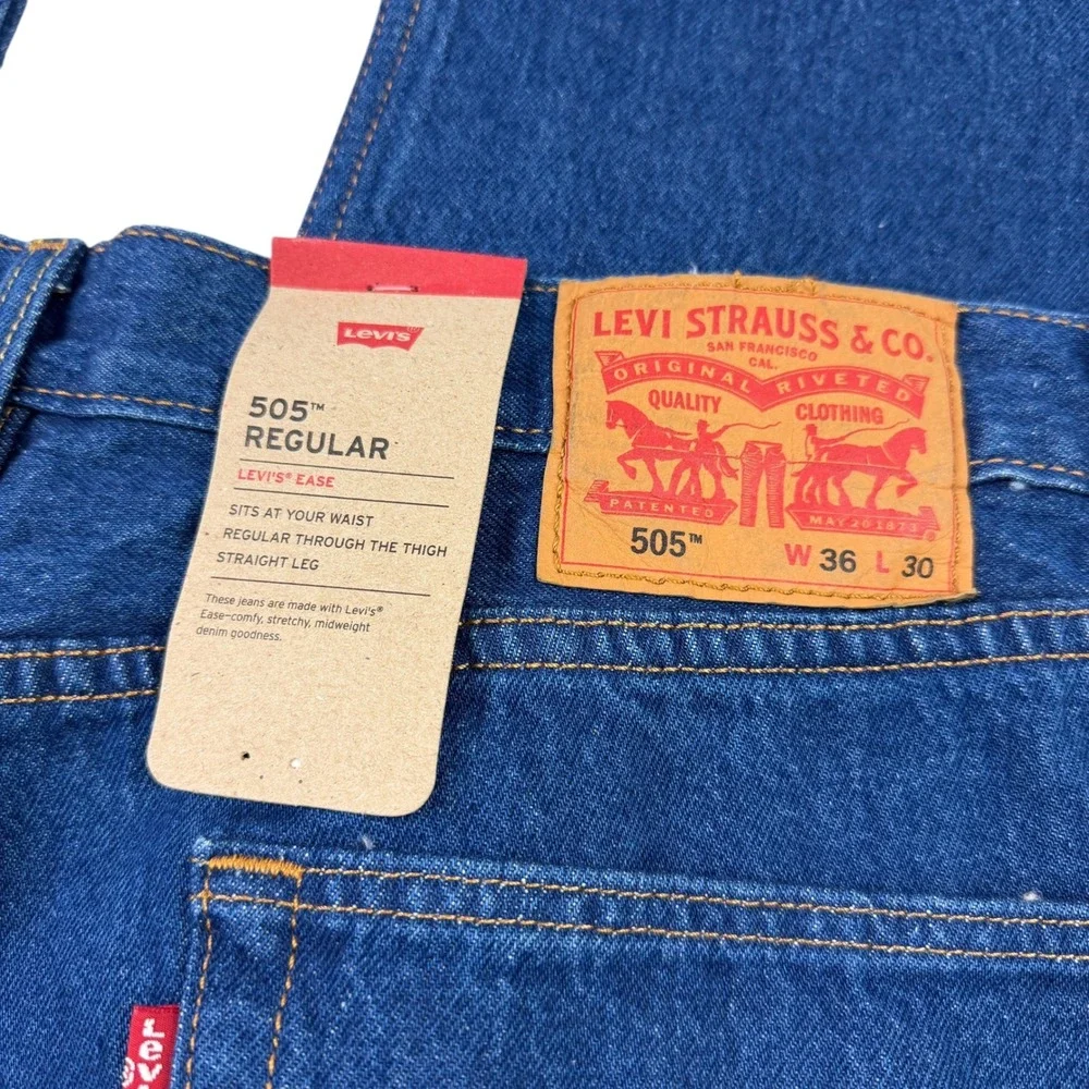 Levis 505 Regular Fit Straight Leg Men Jeans Dark Wash Blue 36x30 00505-3785 NWT